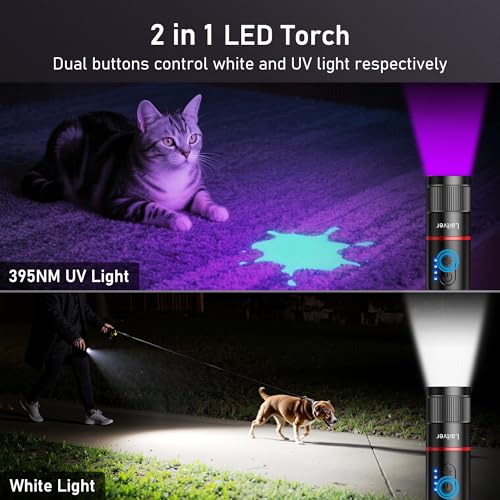 Taschenlampe LED/UV Aufladbar 2 in 1, Laitver 2000L Superhell Taschenlampen 395nm Mini Schwarzlicht 6 Modi, Zoombar Lange Akkulaufzeit Wasserdischt, für Beleuchtung & Erkennung von Tierurin