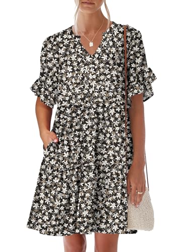 Image of ANRABESS Women's Summer Casual Dress, V-Neck Ruffle Sleeve Tiered Mini Dress, Soft Comfy Fabric with Pockets for All-Day Wear