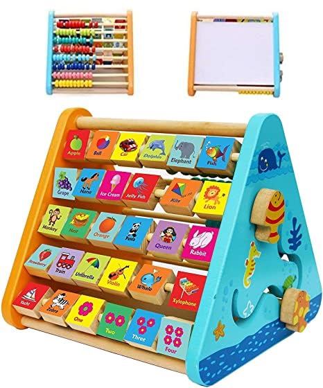 Image of Toyshine 5 in 1 Wooden Activity Centre Triangle Toy | Alphabet, Blocks, Abacus, Clock, Writing | Toys for Babies Montessori Learning Toy for 1-5 Year Old - B