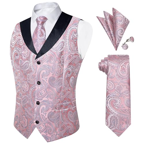 Image of DiBanGu Mens Paisley Vest Silk Sleeveless Suit Vest and Neck Tie Pocket Square Cufflinks Set for Wedding Formal