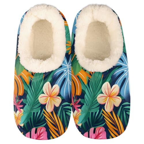 Hawaiian Tropical Leaves Slippers for Women Men Cozy Non-slip House Shoes Winter Warm Indoor Slipper