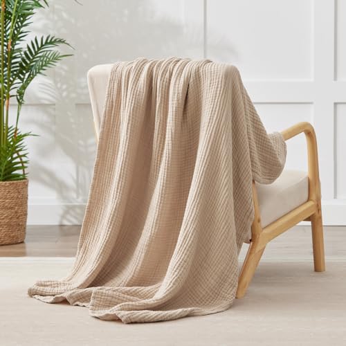 Image of 100% Cotton Muslin Blanket 40 inch x 40 inch, Breathable and Lightweight Cotton Throw Blankets, Soft Cooling Summer Gauze Blanket for All Season, Beige