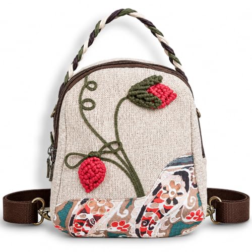 Image of S&A Bohemian Flower Women's 4 way Convertible Bag - Handcrafted Embroidery Flower Multi-Way Mini Backpack, Shoulder Sling & Handbag with Large Capacity Multiple Holdings - Ideal for Travel & Gifting