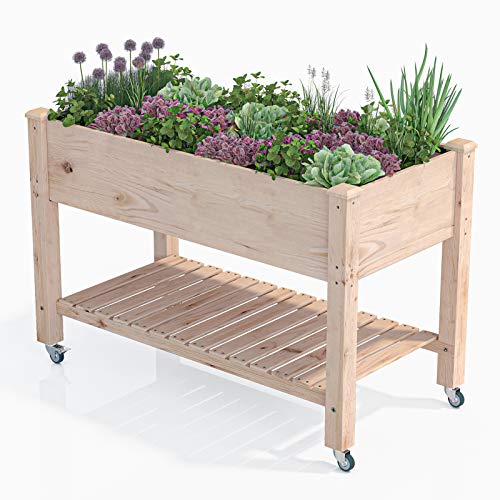 AMZFINE Heavy Duty Wooden Raised Garden Bed Kit with Lockable Wheels/Storage Shelf, Solid Wood Elevated Planter Box -48\" L x 24.5\" W x 32\" H, Natural