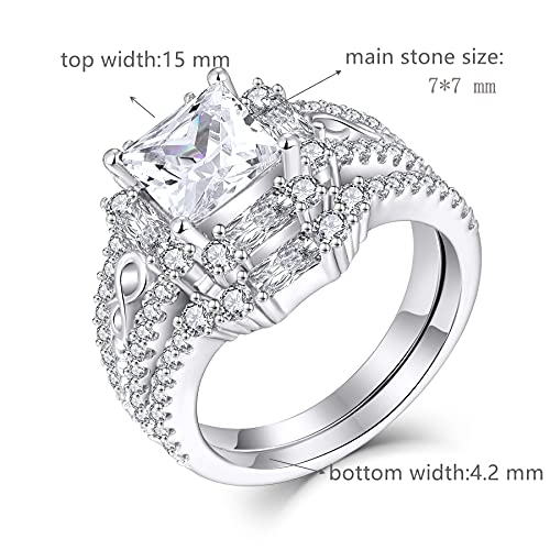 JO WISDOM Couple Rings,925 Sterling Silver Infinity Engagement Bridal Ring Set Rings for Women with 8mm 1.25ct Square Cut 5A Cubic Zirconia4