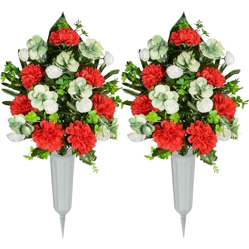 AOFOX Artificial Cemetery Chrysanthemum Flowers Greenery Bouquet for Grave Decoration - Set of 2 Spring Memorial With Vase (Red)