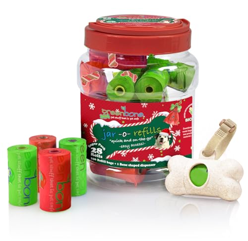 Greenbone Jar-O-Refills Dog Poop Bags & Dispenser, 28 Rolls - 336 Bags - Holiday Edition