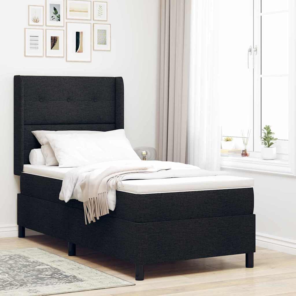 Cama con somier LED con colchón, color negro, 90 x 200 cm, tela tapizada, con somier y cabecero, tiras LED RGB, marco de madera, dormitorio moderno, espacio compacto para dormir