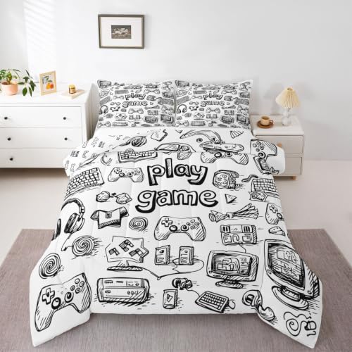 Erosebridal Gaming Comforter Set, Kids Gamepad Cartoon Bedding Set Full,Video Games Gamers Duvet Set Hip Hop Graffiti Quilt Set Racing Car Comforter Set, Black White Printed Bedroom Decor