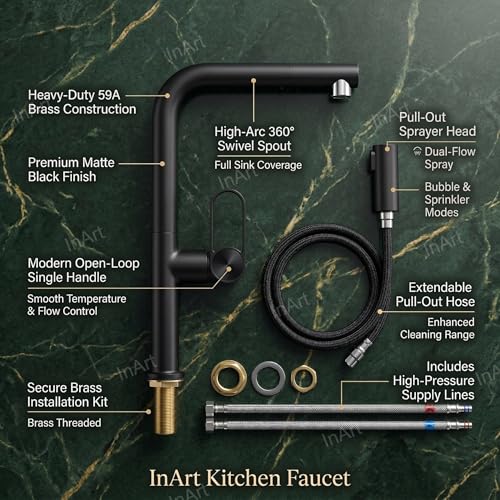 Image of INART Matte Black Kitchen Faucet - Brass Pull Out Sink Mixer Tap with Dual Flow Sprayer, 360 Swivel Spout & Hot Cold Water Control