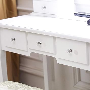Vanity Table Set,Makeup Table with Lighted Oval Mirror & Stool, Bedroom Wood Dressing Table with 5 Drawers White