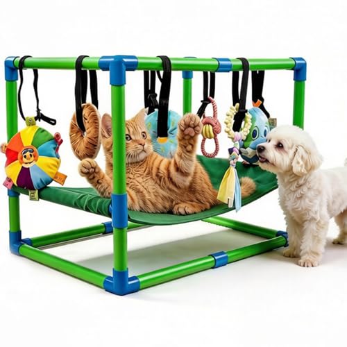 ULTAC Puppy Play Gym with Hammock 8 Hanging Toys Dog Jungle Gym Indoor Pets Cats Toys Teething Chew Toys Puppy Gym Activities Center for Cats Adjustable Playground for Small Dogs at Home PVC Frame
