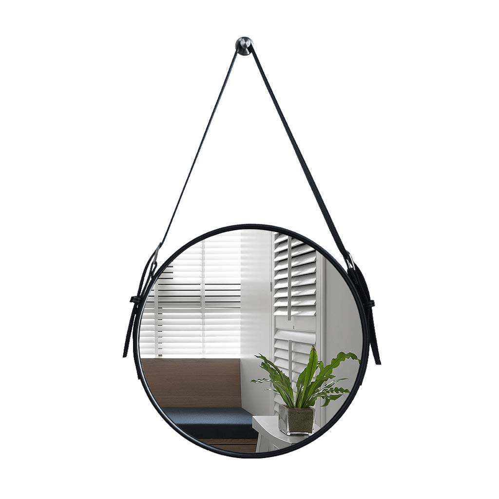 TYUHDUYUR Wall Mounted Vanity Mirror with Adjustable Leather Strap Hanging Chain Bathroom Makeup Mirror Home Decorative for Dressing Room Bedroom Diameter 50cm Black