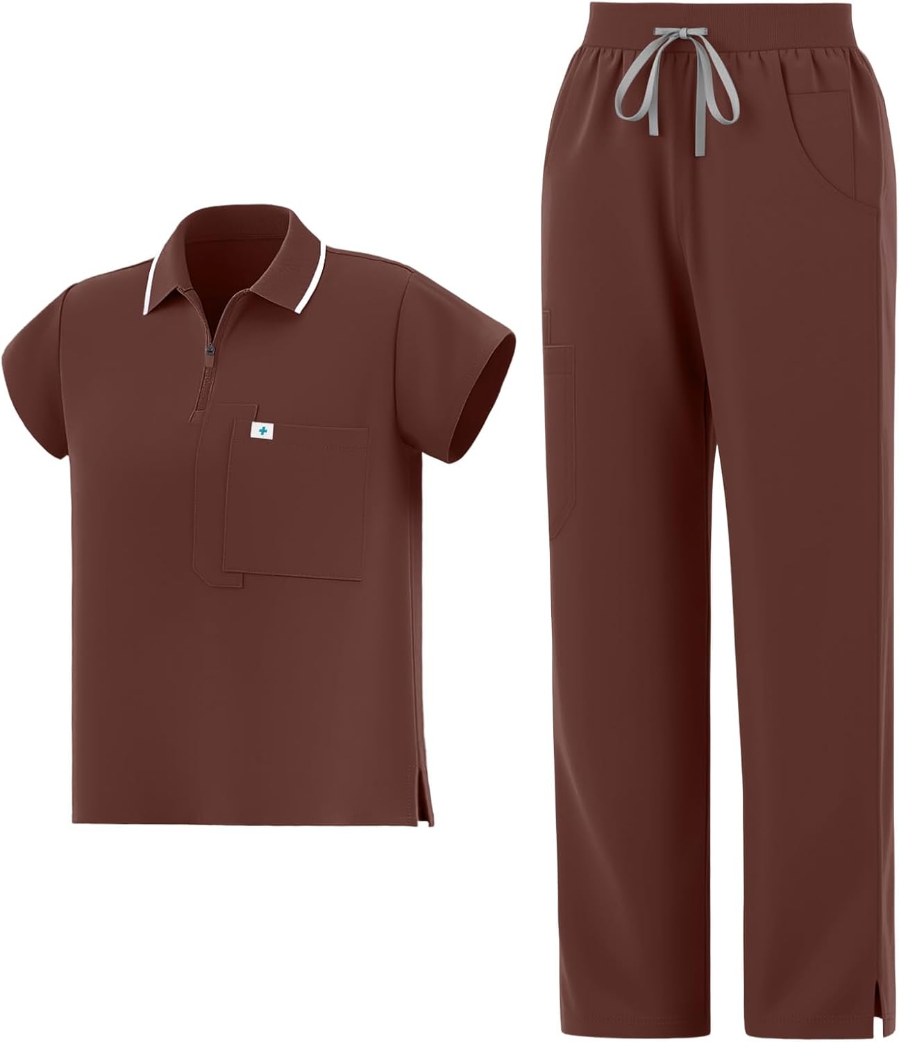 Women's Scrubs Set - Polo Zip Scrub Top & Straight Leg Pants with Multiple Pockets, Stretchy Scrubs for Women