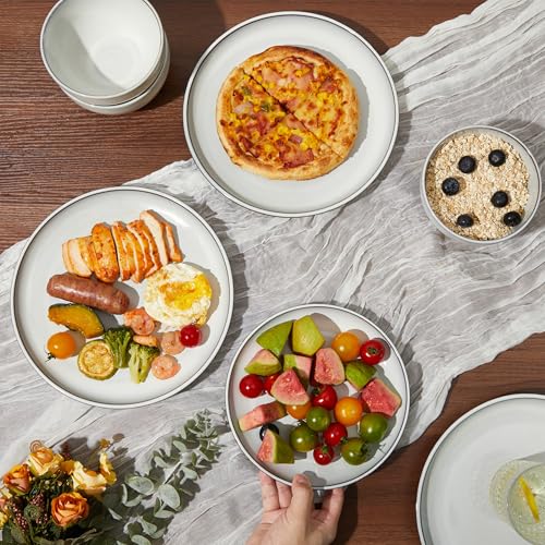 Image of Pokini 24 Piece Stoneware Dinnerware Set for 8, Moonstone White Plates and Bowls Set, Reactive Glaze Ceramic Dish Set, Durable & Chip Resistant, Modern Rustic Look, Microwave & Dishwasher Safe