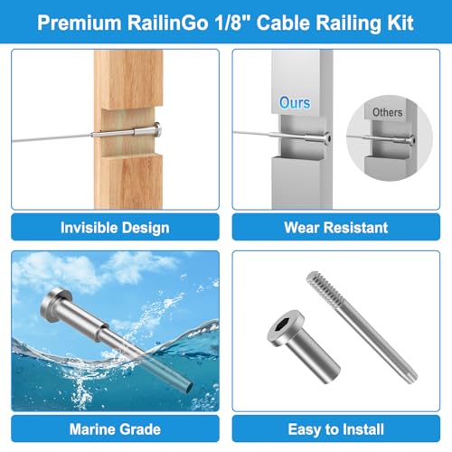 Image of 50Pack 1 /8 inch Invisible Cable Railing Kit, T316 Stainless Steel Invisible Receiver and Swage Stud End for Cable Railing, Hidden Swage Tensioner for Wood&Metal Cable Post, Wire Railing Kit, RG60