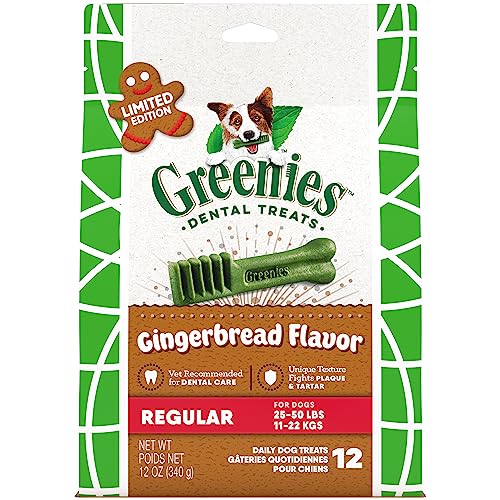 Greenies Gingerbread Flavor Regular Size Veterinarian-Recommended for Dental Care, Dog Treat Chews, Great Holiday Dog Stocking Stuffers, Limited Edition, 12 oz. Pack of 12 Greenies Gingerbread Flavor Regular Size Veterinarian-Recommended for Dental Care, Dog Treat Chews, Great Holiday Dog Stocking Stuffers, Limited Edition, 12 oz. Pack of 12