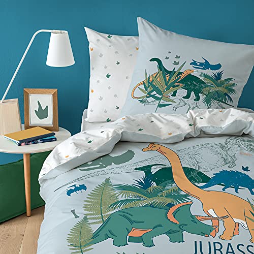 MATT & ROSE Parure de Lit Garçon 140x200 cm Dino Jungle | 100% Coton | Oeko-TEX | Housse de Couette Enfant 140x200 cm + 1 Taie d'oreiller 63x63 cm Imprimées Réversibles | Blanc, Gris Clair