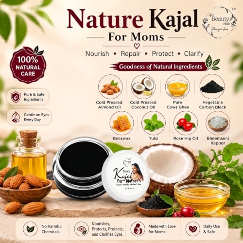 Image of Nature's Kajal for mothers | 100% Natural & Chemical-Free | Dermatologically Tested Safe for Sensitive Eyes | Ayurvedic Formula with Desi Cow Ghee & Herbal Oils | Smudge Resistant & Long Lasting | 8g (Pack of 2)
