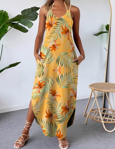 Image of Zeagoo Women's Casual Sundress Summer Maxi Sleeveless V Neck Split Boho Beach Dress Travel Vacation Dress with Pockets