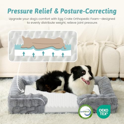 COZY KISS Orthopedic Dog Bed for Large Dog, Faux Fur Extra Large Pet Sofa, Foam Bolster Couch with Waterproof Lining Cover, Anti-Slip, Soft, Warm, Washable, C-Shaped, XL 44x32x7 inch - Image 3