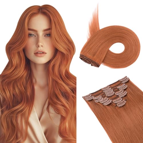 Image of Benehair Clip on Hair Extensions Real Human Hair Auburn Hair Extensions Clip in Human Hair 14inch Long Straight Remy Natural Full Head 8pcs Real Hair Extensions for Women #33 Dark Auburn