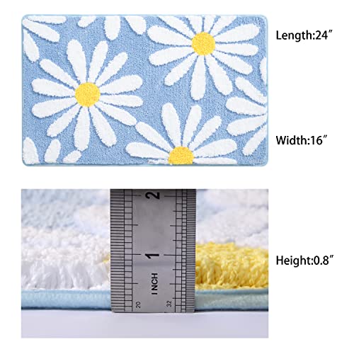 QJHOMO Blue Bathroom Rugs Cute Daisy Bath Mat White and Yellow Flower Decor Rug Non Slip Floor Carpet Microfiber Bathmat Super Absorbent Machine Washable Bathtub Mats for Shower (16x24 inch)