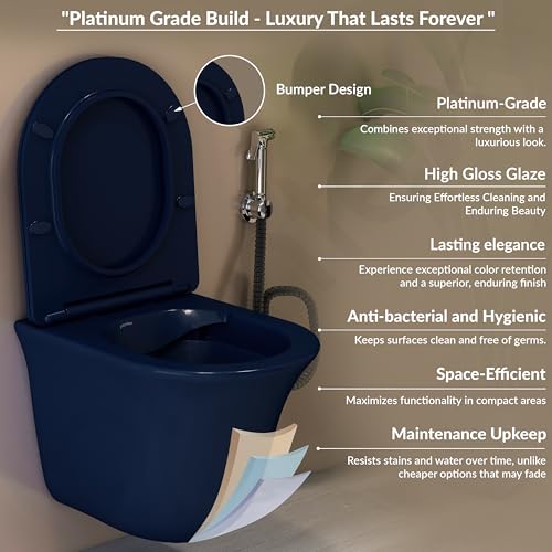 Image of Plantex Imported Ceramic Western Commode /P Trap Wall Hang Commode for Toilet /Rimless Washdown Western Toilet with Soft Close Toilet Seat (1166 - Porshe Blue)