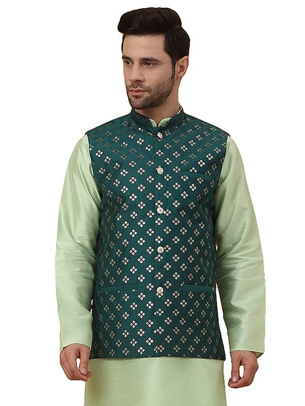 Men's Cotton Silk Sequenced Sleeveless Embroidered Floral Nehru Jacket, Ethnic Traditional Wear - Main Image