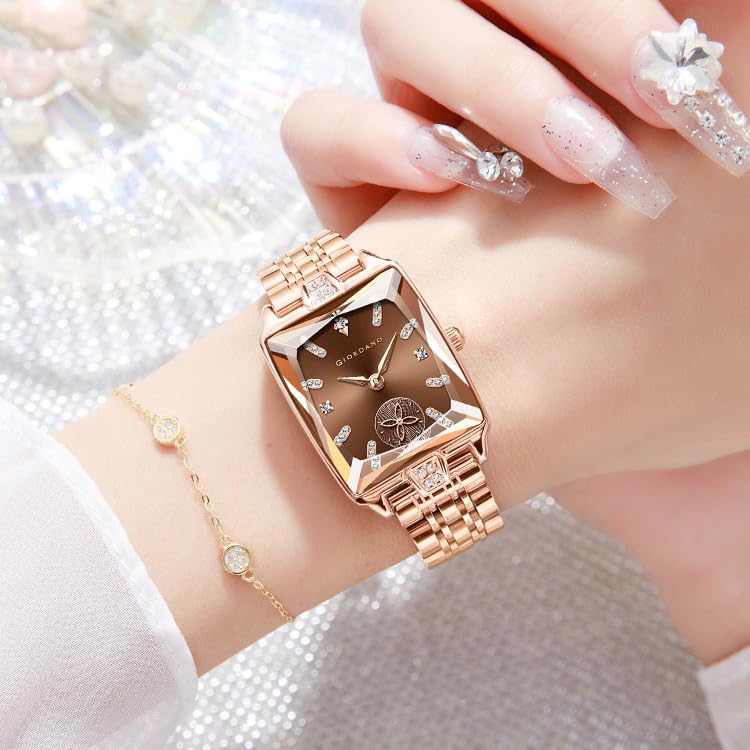 Image of Giordano Analog Watch for Women - Rectangular Dial, Crystal Hour Markers and Rose Gold Stainless Steel Strap