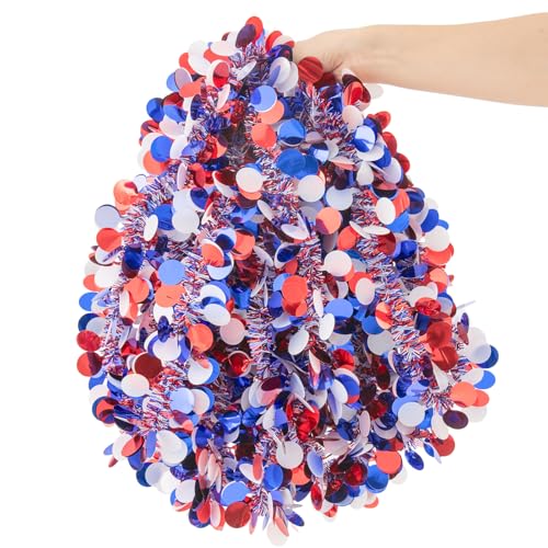 Image of 33FT 4th of July Patriotic Tinsel Garland Red White Blue Glitter Metallic Twist Foil Tinsel Garland for Independence Day Memorial Day Party Door Tree Indoor Outdoor Decoration