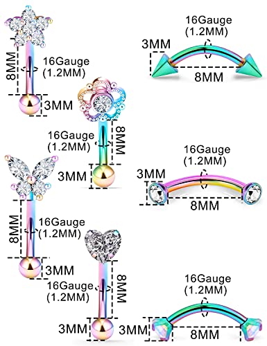 Oufksiyy 16G Rook Piercing Jewerlry Surgical Steel Eyebrow Piercing Jewelry Flower Crystal Heart CZ Moon Shape Eyebrow Rings Snake Eyes Rook Earrings for Women Men Tongue Retainer，Silver Barbell3