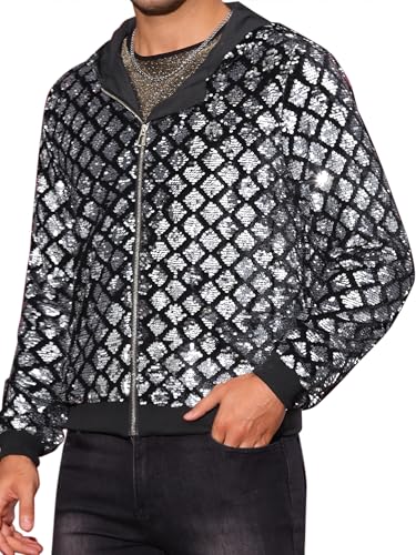 Image of Lars Amadeus Argyle Silver Sequins Jackets for Men's Long Sleeves Metallic Shiny Hooded Disco Jacket XX-Large