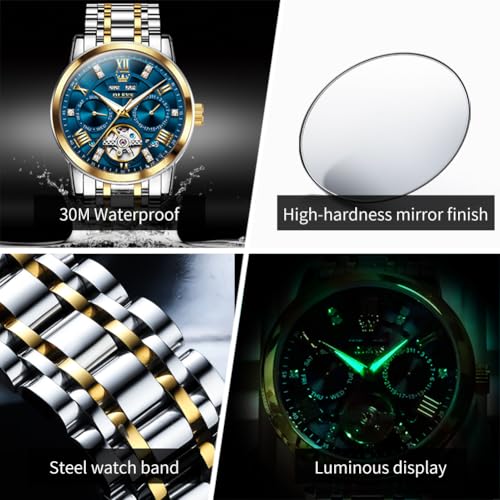Image of OLEVS Automatic Watches for Men Self Winding Mechanical Skeleton Luxury Dress Stainless Steel Diamond Men Wrist Watches