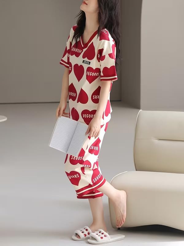 Image of Women Capri Pajama Set Korean Style Nightsuit Soft Breathable Top and Mid Length Pants Lightweight Loose Fit Nightwear Loungewear