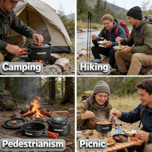 HOMGEN Set de Cocina Portátil para Camping con Paravientos Plegable - Juegos de Ollas y Sartén de Aluminio Liviano - Tetera de 800 ml - 2 Tazas y Platos - Kit Completo para Camping, Senderismo y Picnic miniatura 2