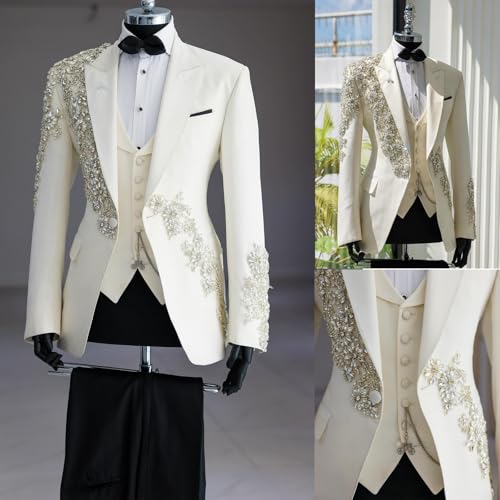3 Pieces Men's Tuxedo Slim Groom Wedding Suits Luxury Rhinestones One Button Blazer Vest Pants Set for Prom,Party2