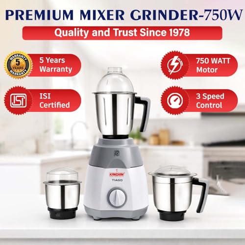 Image of Kanchan Tiago Plus Mixer Grinder 750 Watt|4 Multipurpose Jars(3 Stainless Steel + 1 Juicer)Blending, Grinding, Juicer mixer grinder for kitchen,Powerful motor with Overload Safety, ISI, 5 Yr Warranty