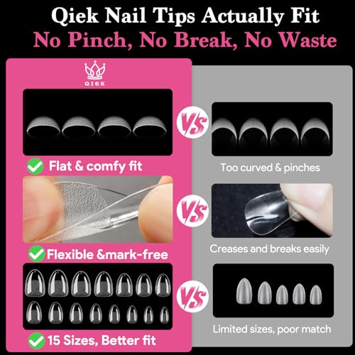 Image of Extra Short Almond Nail Tips, 510 Pcs Clear Half Matte, 15 Sizes