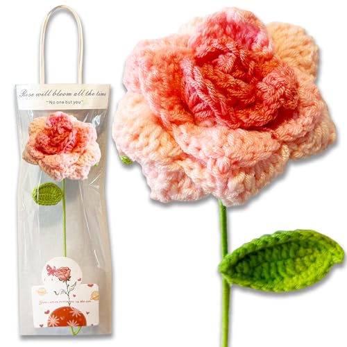 XGiGiX Handmade Crochet Artificial Flower, Thoughtful Gift with Greeting Card and Elegant Packaging for Friends,Relatives,Teachers and Patient Rehabilitation.Lasting Beauty and Warmth (Pink Rose B)