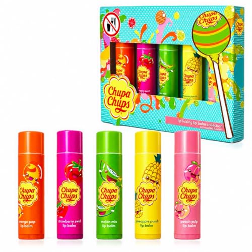 Chupa Chups Lip Licking Lip Balm Collection 5 Assorted Flavors: Orange Pop Strawberry Swirl Melon Mix Pineapple Punch and Peach Pulp - Fun Flavored Lip Care Gift Set for Kids and Adults