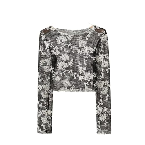 Image of ICW Women Long-Sleeves Boat Neck Transparent Mesh Sheer Floral Embroidery Crop Top T-Shirt DN648