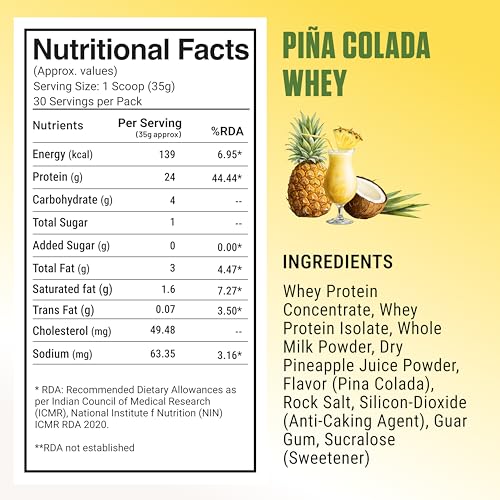Image of FUELLED Whey Protein Powder with 24g Protein, 5g BCAAs, Pina Colada Flavour, 3 kg, 90 Servings, Gluten Free, Post Workout Recovery Supplement