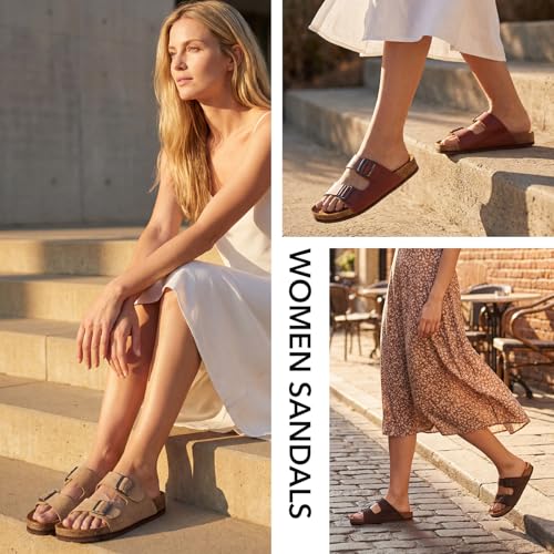 Image of ZURIN Genuine Leather Sandals for Women,Cork Footbed Slide Platform Sandals with Arch Support, Suede Double Buckle Slip On Slides for Summer Beach Walking Indoor Outdoor