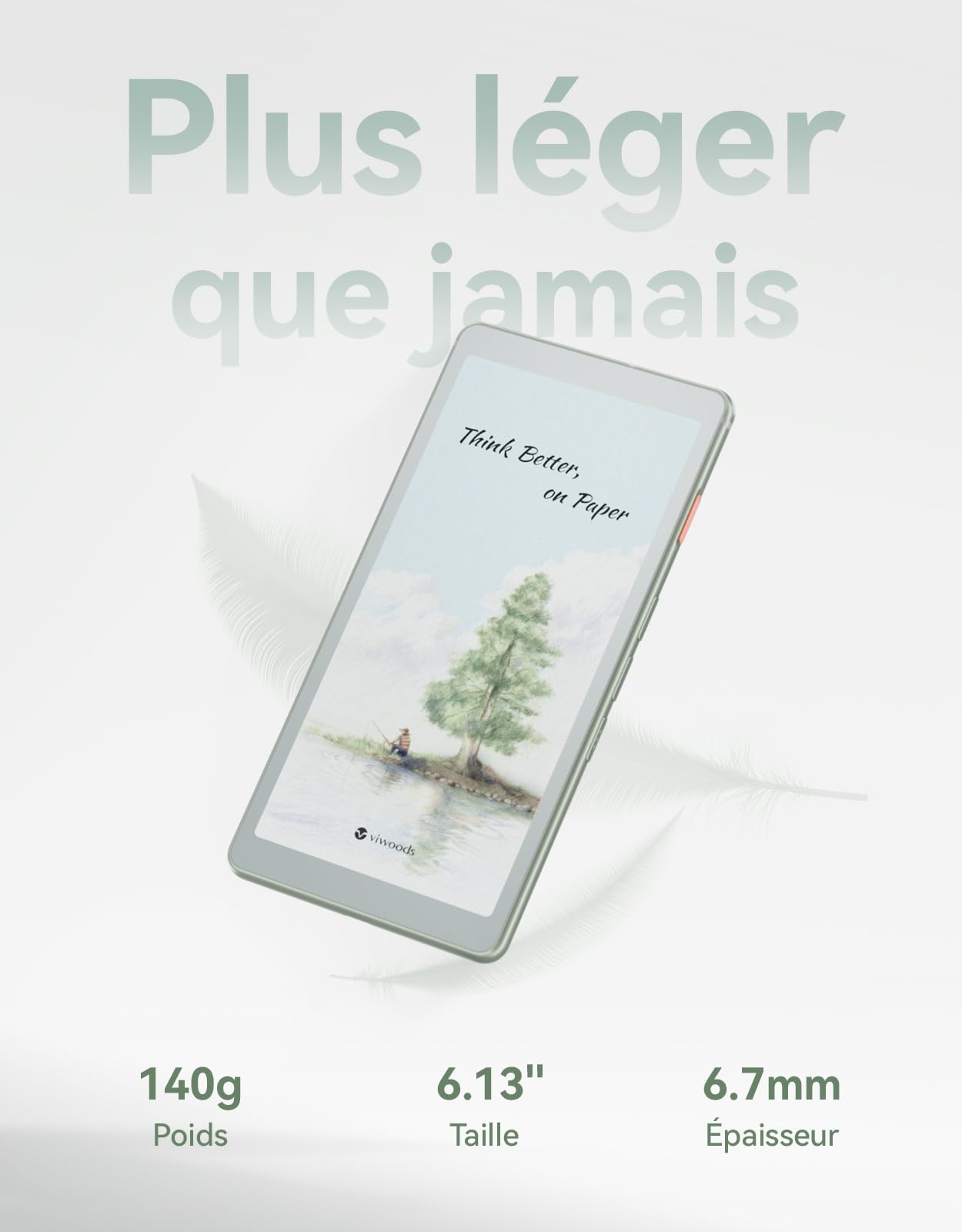 VIWOODS 6,13’’ AiPaper Reader C avec écran Couleur, liseuse E Ink avec lumière Chaude et Froide réglable, Ultra-Fin et léger, intégré à l'IA, 128 Go de Stockage