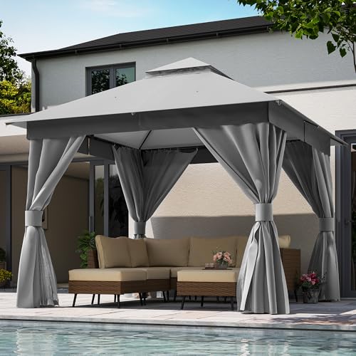 LAUSAINT HOME 10'x10' Outdoor Gazebo, Metal Frame Heavy Duty Patio Canopy Tent Shelter with Double Roofs, Mosquito Nettings and Privacy Screens for Backyard, Garden, Lawn, Steel Gray