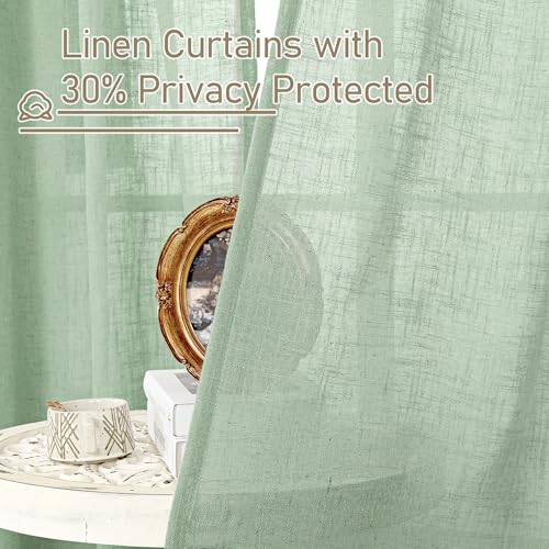 Image of LAMIT Fresh Green Linen Sheer Curtains 63 Inch Length for Bedroom, Light Filtering Panels with Bronze Grommet for Living Room Faux Linen Textured Spring Decor Drapes, 2 Panels, 34 X 63 Inch