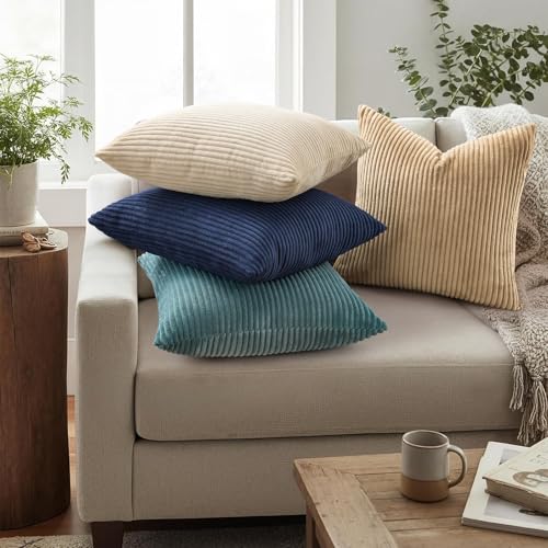 Image of Mecatny Corduroy Decorative Throw Pillow Covers 18x18 Set of 2 for Sofa Living Room, Soft Neutral Boho Couch Pillow Covers for Home Decor, Teal