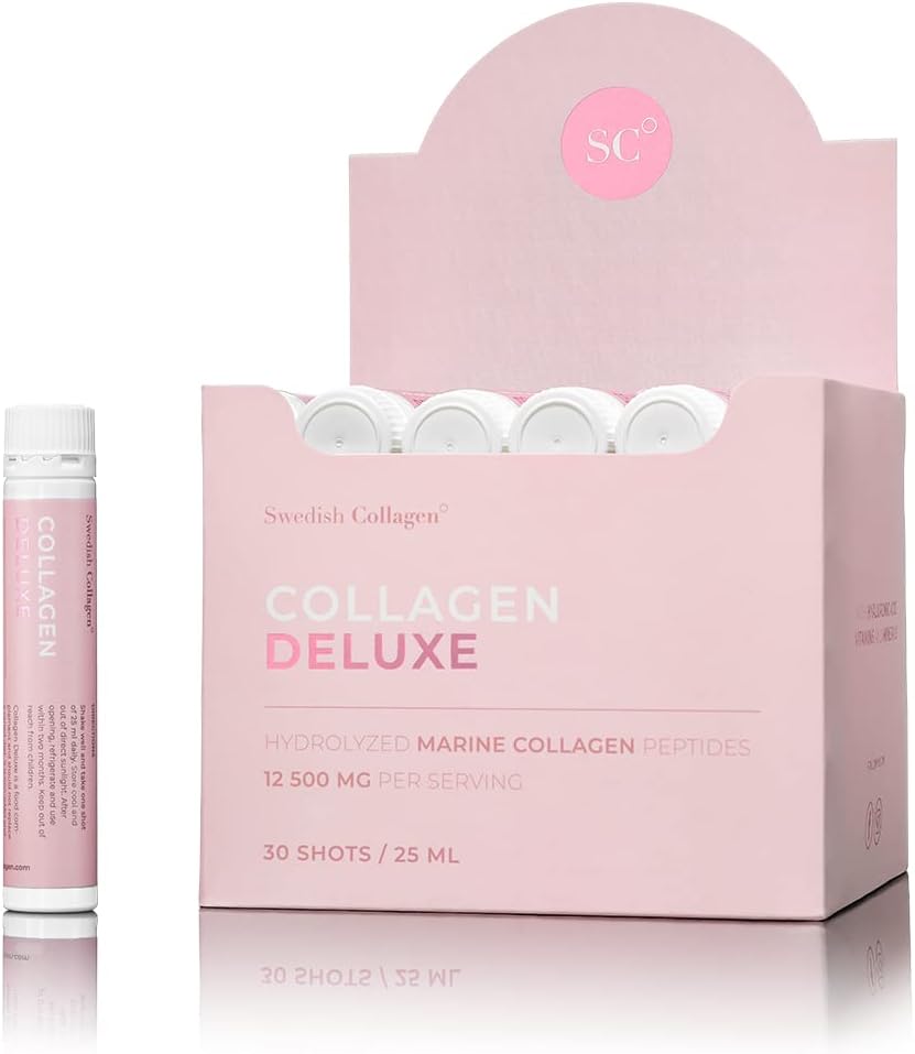 Swedish Collagen - Collagen Deluxe Shots, Suplemento de colágeno líquido 30x25ml | 12.500 mg de colágeno marino, con ácido hialurónico, vitaminas y minerales para cabello, piel y uñas (30)