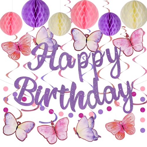 YEOCU Birthday Decorations, NO DIY, Pre-Strung Happy Birthday Banner with Honeycomb Balls, Hanging Swirls, Circle Dots Garland, Happy Birthday Party Decorations for Women Men Boys Girls (Purple)